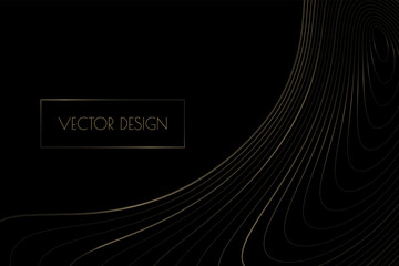 Vector abstract black premium background with golden curved deformed stripes, lines. Modern luxurious elegant backdrop in dark color for exclusive posters, banners, invitations, business cards.
