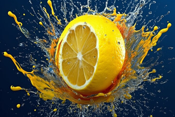Aufkleber - An abstract surreal photograph of a Lemon splashed in bright paint, symbolizing freshness and health. Generative AI technology.