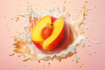Poster - An abstract surreal photograph of a Peach splashed in bright paint, symbolizing freshness and health.  Generative AI technology.