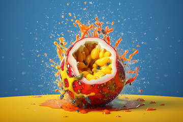 Poster - An abstract surreal photograph of a Passion fruit splashed in bright paint, symbolizing freshness and health.  Generative AI technology.