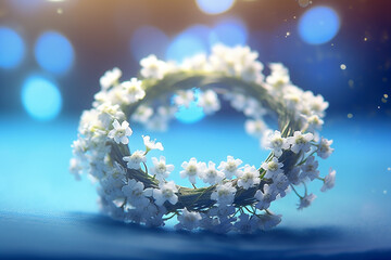 Aufkleber - An image of a flower crown made with delicate Baby's breath, smooth elegant transparent fabric on bright bokeh background.  Generative AI technology.