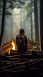 A Young Woman in Hiking Gear Sitting in Front of a Campfire in The Woods