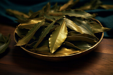 Aufkleber - An artistic image of dried bay leaves, showcasing their dark green color and distinctive shape. Generative AI technology.