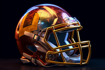 Poster - An artistic photo of a football helmet, emphasizing its protective structure, face mask, and team logo.  Generative AI technology.