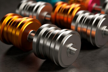 Aufkleber - A close-up shot of a set of dumbbells, known for their metallic construction and various weight options. Generative AI technology.