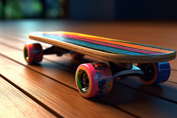 Poster - a close-up shot of a skateboard, featuring its wooden deck, grip tape, trucks, and wheels. generativ