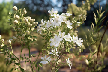Fototapete - A photo featuring African rue (Peganum harmala), highlighting its delicate white flowers, seed pods, and MAO-inhibiting properties.  Generative AI technology.