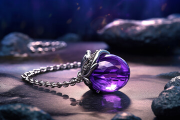 Poster - A photo of a delicate silver necklace adorned with a pendant featuring a polished Amethyst gemstone, showcasing its deep purple color and elegant setting.  Generative AI technology.