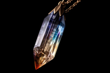 Fototapete - A close-up shot of a crystal point pendant necklace, featuring a single terminated crystal point, such as Clear Quartz or Smoky Quartz, suspended on a chain, Generative AI technology.