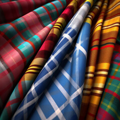 Poster - An artistic photo showcasing the traditional tartan pattern of Scotland, featuring a distinctive crisscross design in various colors, Generative AI technology.