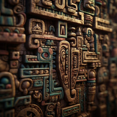 Leinwandbilder - A close-up shot of Mayan hieroglyphics, representing the ancient writing system of the Mayan civilization, featuring intricate symbols. Generative AI technology.