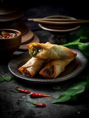 Wall Mural - AI generated illustration of freshly prepared spring rolls on a plate