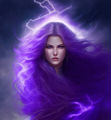 Portrait of a woman with purple long hair, glowing with energy and lightning