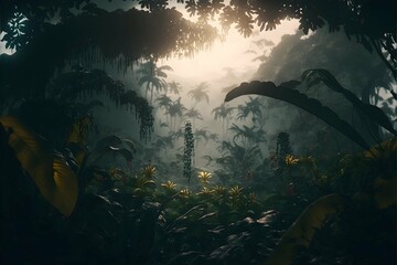 a cinematic wellcomposed layered filmic shot of a tropical jungle in the middle of nowhere Beautiful flowers through the trees in the distance a mysterious light through the trees in the 