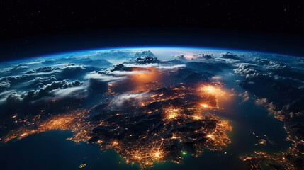 Wall Mural - Panoramic view on planet Earth globe from space. Glowing city lights, light clouds. Generative AI