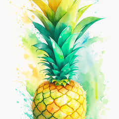 Sticker - Watercolor Ripe Pineapple Fruit Illustration with Green Leaves and Colorful Paint Splash Isolated on White Background. Aquarelle Wallpaper Design for Banner, Poster, Invitation, Menu or Card.