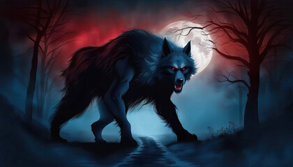 Large werewolf hunting under the full moon digital art