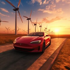 Wall Mural - Electric car is going on road to wind turbines with sunset in nature. Generative Ai