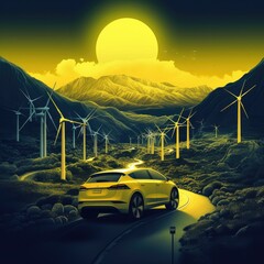 Wall Mural - Electric car is going on road to wind turbines in night nature. Generative Ai