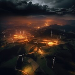 Wall Mural - Aerial view of wind turbine farm in night. Generative Ai.