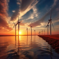 Wall Mural -  Wind turbine farm with sunset light. Generative Ai.