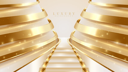 Wall Mural - Luxury background with gold stairs corridor and glitter light effect with bokeh decorations.