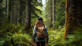 Fototapeta Nowy Jork - A Young Woman Hiking in a Green Conifer Forest