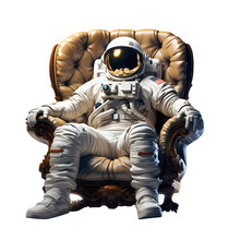 Astronaut Sitting In A Luxury Brown Leather Armchair, Spaceman Rest, Isolated On White Background, Generated Ai	