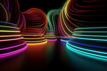 Abstract glowing lines background. Wavy form neon line structure with black background