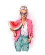 Beautiful blond hair woman holding watermelon slice. Fashion illustration 