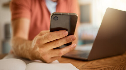 Poster - Man, hands and phone for social media, communication or networking in online chatting on table at home. Closeup hand of male person typing, browsing or texting on mobile smartphone app at the house