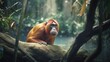  a monkey is sitting on a rock in the jungle looking at the camera.  generative ai
