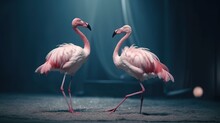  Two Pink Flamingos Standing In The Dark With Their Legs Crossed.  Generative Ai