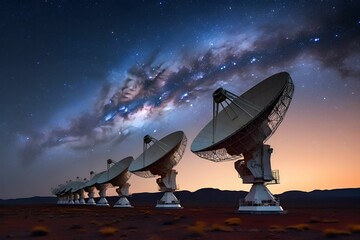 Wall Mural - AI-generated illustration of radio telescopes in a field against the background of a starry sky.