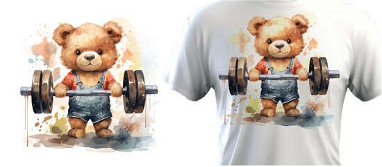 Wall Mural - A cute teddy bear is holding a barbell. Illustration for postcards, prints, stickers for the fitness industry. Flat vector illustration