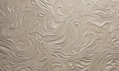  a close up of a wall with a pattern of wavy lines and curves in white and beige colors, with a black and white cat on the right side of the wall.  generative ai