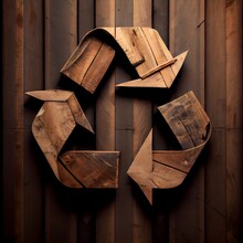 Recycle Symbol Made Of Wood, Wood, Recycling, Ecology, Logotype, Environment, Nature, Pollution, Waste, Symbol, Upcycling, Made With Generative AI	
