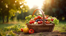 Basket Of Fruit, Crops, Garden, Fresh Fruit And Veggies, Woven Basket Of Fruits And Vegetables, Organic Harvest, Farmland, Healthy Food, Tomatoes, Greens, Grapes, Agriculture, Made With Geenrative AI