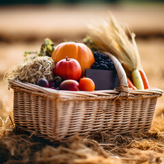 Basket of fruit, crops, garden, fresh fruit and veggies, woven basket of fruits and vegetables, organic harvest, farmland, healthy food, tomatoes, greens, grapes, agriculture, made with geenrative AI