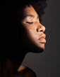 © HockleyMedia/peopleimages.com - Face shadow, light and black woman with beauty, natural skincare glow and calm with facial cosmetics routine. Wellness profile, dermatology and African studio person with self care on grey background