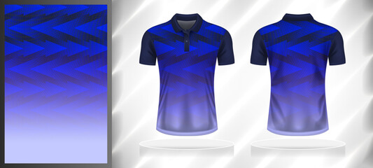 Vector sport pattern design template for Polo T-shirt front and back with short sleeve view mockup. Dark and light shades of blue color gradient abstract geometric texture background.