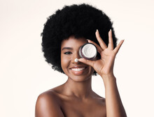 Portrait, Black Woman With Cream And Skincare, Beauty And Natural Cosmetics Product Isolated On White Background. Dermatology, Afro Hairstyle And African Female Model, Lotion And Facial Moisturizer