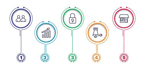 Wall Mural - set of strategy thin line icons. strategy outline icons with infographic template. linear icons such as sample, padlock, store, growth, strength vector.