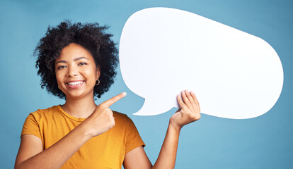 Speech bubble, communication portrait and woman pointing, social media and college talk, news or voice. Face of student or African person with chat mockup, opinion or quote sign on a blue background