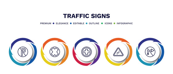 Wall Mural - set of traffic signs thin line icons. traffic signs outline icons with infographic template. linear icons such as no parking, crossing, hospital, right reverse bend, no turn right vector.