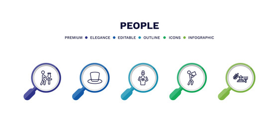 set of people thin line icons. people outline icons with infographic template. linear icons such as sculptor working, tall hat, man with open lock, men carrying a box, farmer working vector.