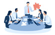 © bizvector - Solution team and the final piece. Leader holds a final piece of puzzle. Solution of the problem. Business vector illustration