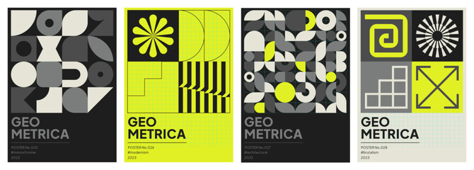 Abstract, modern, geometric, gray, black and yellow backgrounds influenced by Swiss style and brutalism, for posters, covers, prints, banners, layouts, seamless patterns, packaging or brochures.