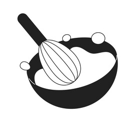 Poster - Whisk whipping cream in bowl monochrome flat vector object. Mixing dough with tool. Editable black and white thin line icon. Simple cartoon clip art spot illustration for web graphic design
