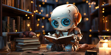 Cute Robot Reading A Book In The Library, Cartoon Style, Artificial Intelligence Learning, Android Kid, Generated Ai